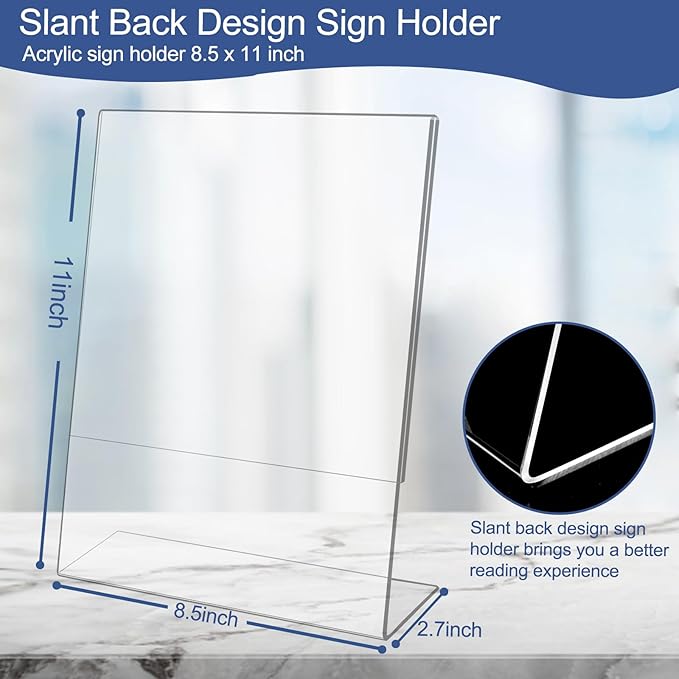 Wbtran Acrylic Sign Holder 8.5 x 11, 6 Pack Slanted Back Sign Holders for Display, Clear Tabletop Plastic Paper Sign Holder for Office, Home, Restaurant