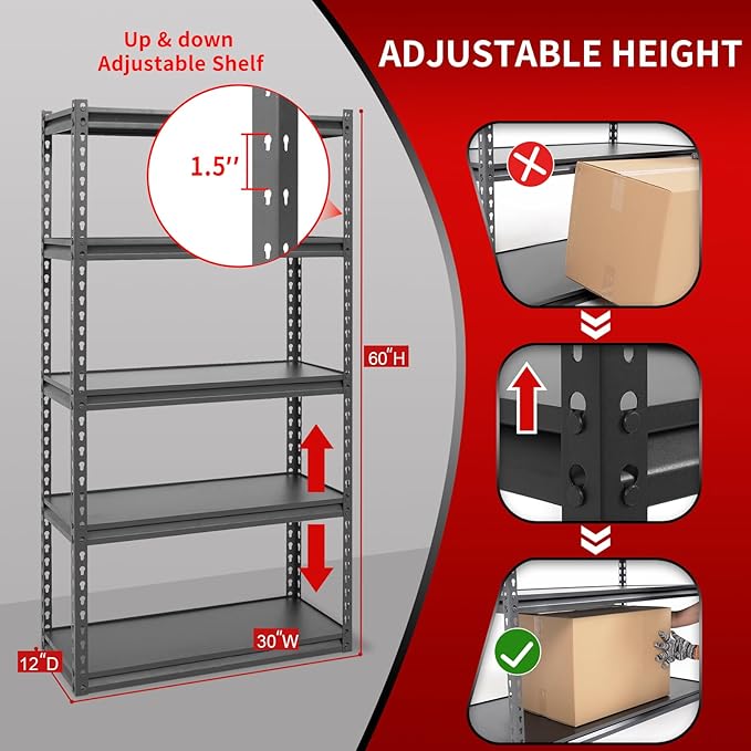 Shuntong 30" W Laminated Heavy Duty Metal Shelving Unit 2000 Lbs Boltless Garage Storage Shelves Utility Rack Shelf Warehouse Pantry Shed 30" W x 12" D x 60" H, Dark Gray