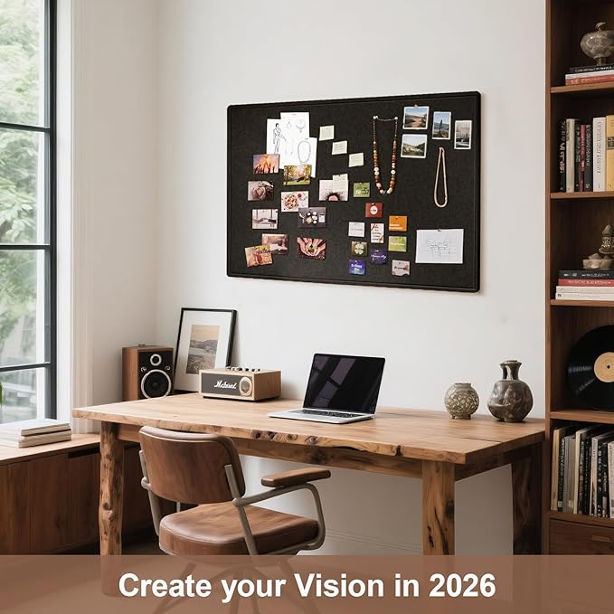 Vision Board 36x24, Thicken Felt Pin Board for Bedroom Dorm or Personal Creative Space with 20 Pushpins and 20 Postcards, Black