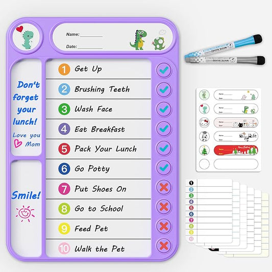 Magnetic Chore Chart for Kids, ADHD Task Tracker Easy-Check Routine Dry Erase Board, to-Do List Planning Tool with Stand for Fridge/Desk/Home/School, 6 Reusable Sheets, 2 Markers Purple