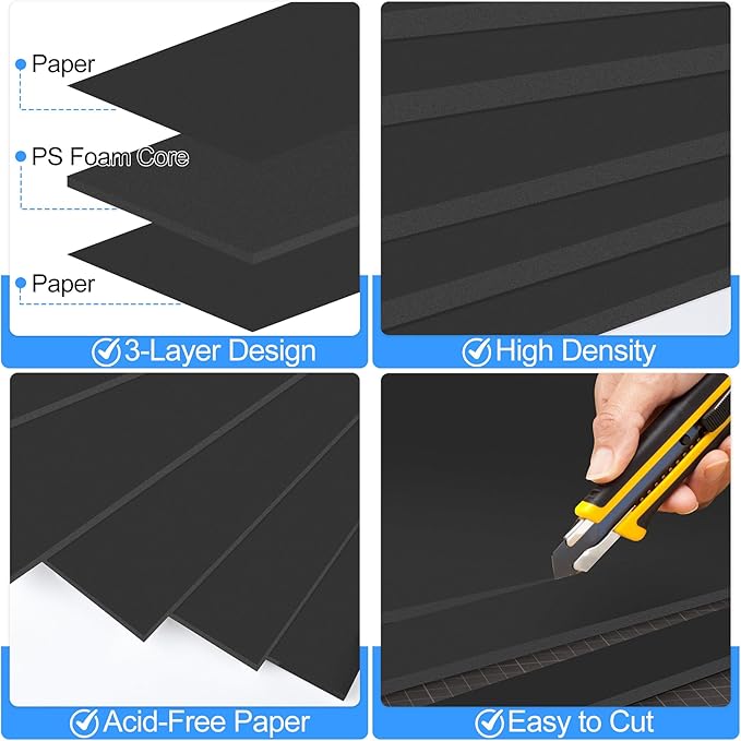 ToLanbbt 12 Pack Black Foam Board, 20 x 30 x 3/16" Thick Foam Core Acid Free Poster Foamboard for Art Craft Projects, Painting, Displaying, Signage, Wedding, School