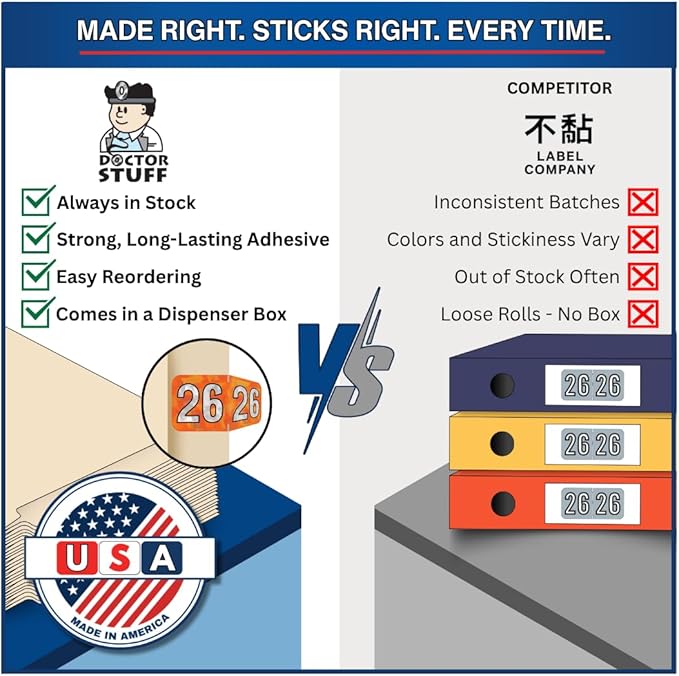 2026 Year Labels, Doctor Stuff 2026 Chart Stickers, Holographic Orange Colored, USA Made Year Label for End Tab File Folders, 500 Labels per Roll, 1 Roll, 3/4" x 1-1/2"