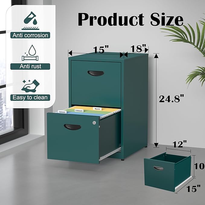 SteeLoong 2 Drawer File Cabinet with Lock,Green Metal Office Drawers Filing Cabinets for Home Office, Two Drawer Under Desk File Cabinet for Hanging Letter,Easy Assemble