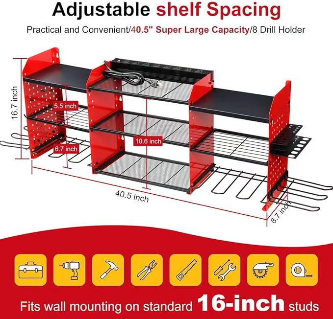 Large Power Tool Organizer Wall Mount with Charging Station, Heavy Duty Cordless Drill Holder, Garage Tool Storage Battery Rack with 8 Outlet, Gift for Men Husband Dad Birthday Anniversary Red