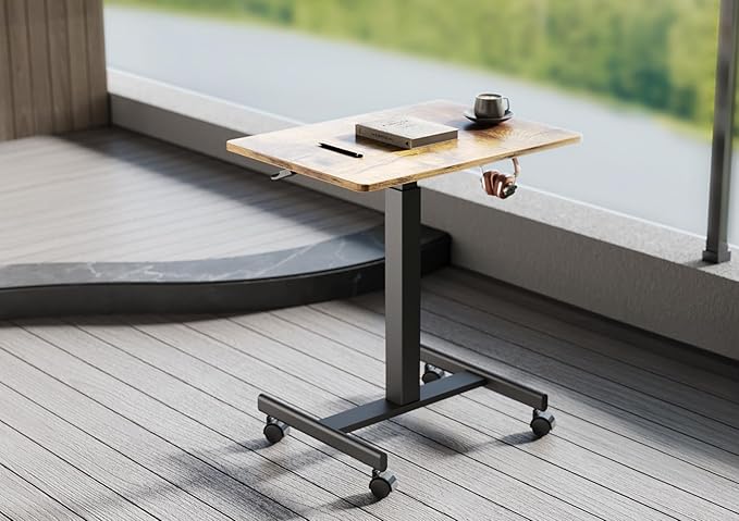 YDN Mobile Mobile Standing Desk with Lockable Wheels, Adjustable Height Portable Laptop Desk, 25.5" x 18.8" Rolling Desk with Hook for Computer Workstation, Rustic Brown