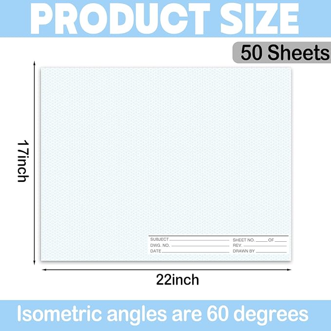 1 Pack 50 Sheets 22" x 17" Isometric Graph Paper Pad Landscape for 3D Designs Architecture Landscaping Engineering Drafting