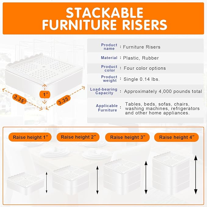 shouwuhho Furniture Risers, 4 Pack Bed Risers with Non-Slip Grip and Heavy Duty Support, 1 Inch 2 Inch 3 Inch 4 Inch Height Lift for Couch, Sofa, Table, Desk, Chair, Refrigerator - White, 1+1 Inch