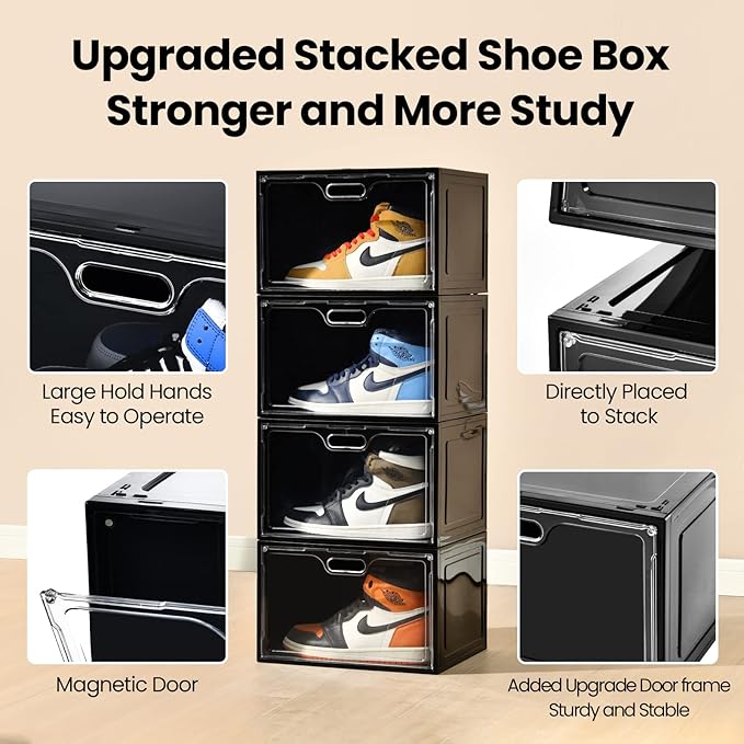 Amllas 8 Pack Shoe Boxes Black Plastic Stackable, Large Shoe Storage Organizer,Drop Side Front Shoe Containers for Entryway,Sneaker Storage Fit up to US Size 13 for Men/Women(13’’x 10.6”x 8.3”)