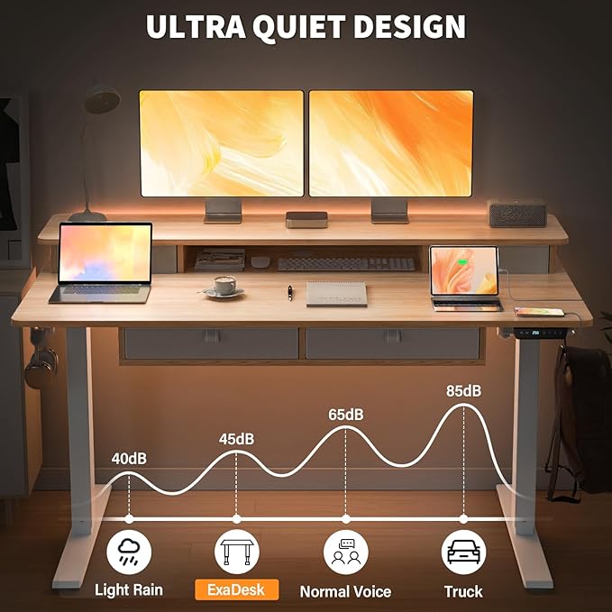 ExaDesk Electric Standing Desk, 63 * 30 Inches Adjustable Height with 4 Drawers, Double Storage Shelves, Home Office Workstation Sit Stand up Desk (Nature)