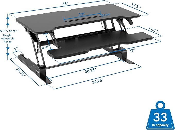 Mount-It! 38" Standing Desk Converter, Desktop Sit-Stand Desk Riser with Gas Spring Height Adjustment, Compact Desk Topper for Dual Monitors or Laptop, Keyboard Tray, Black