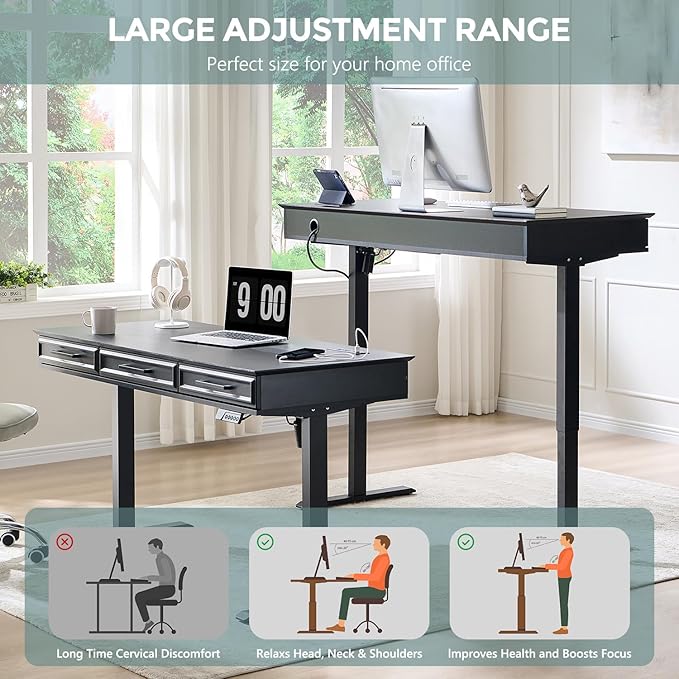 wow97e Electric Standing Desk with 3 Storage Drawers, 55x22 Inch Adjustable Height Office Computer Desk w/One-Piece Desktop & Power Outlets,Sit to Stand Up,Gaming Table for Home and Study, Black