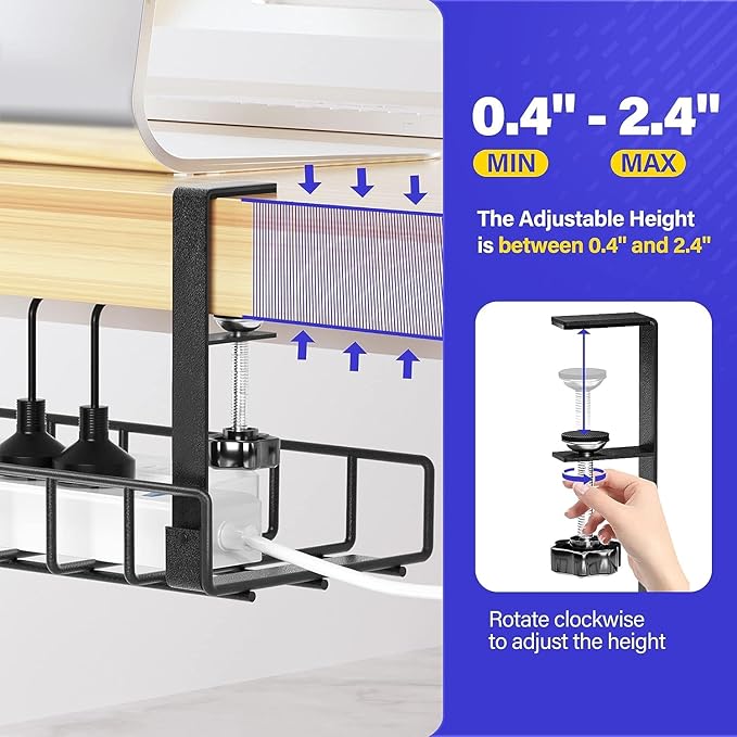 Under Desk Cable Management Tray 2 Pack, Xpatee Wire Management No Screws, Cable Tray with Clamp for Wire Management, Computer Code Rack for Office, Home - No Damage to Desk Black