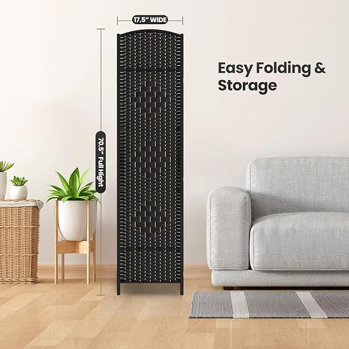Cocosica 4 Panel Room Divider,6Ft Folding Privacy Screen,Tall - Extra Wide Foldable Panel Partition Wall Divider with Diamond Double-Weaved Hand-Woven Design Room Screen Divider（Black）
