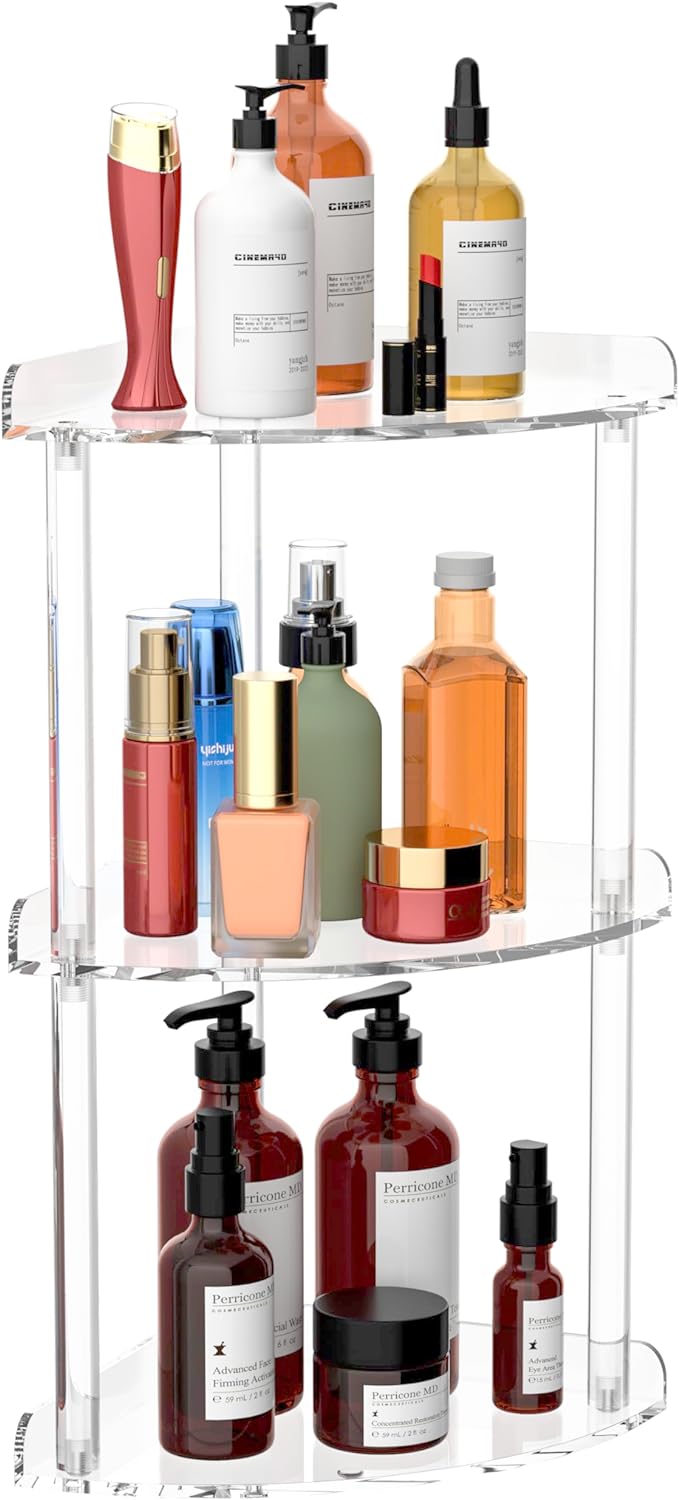 Sezanrpt 3 Tier Countertop Corner Organizer Shelf 7x7x15.7 Inch, Countertop Acrylic Bathroom Corner Shelf, Clear Vanity Storage Organizer for Cosmetics, Toiletries