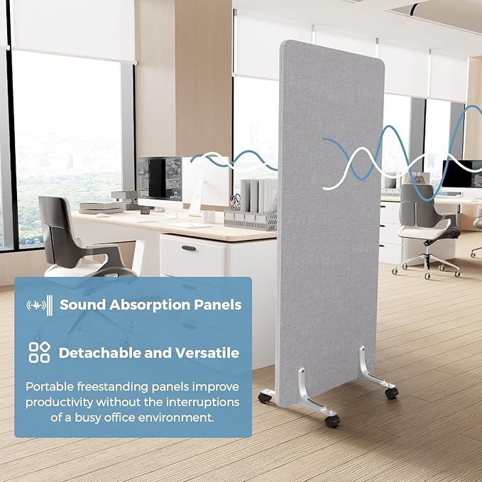 MORDEER 70.8" W x 63" H Freestanding Partition Room Dividers, Acoustic Panels with Wheels, 3 Soundproof Privacy Panels for Office, Reception Room, School, Hospital, Light Grey