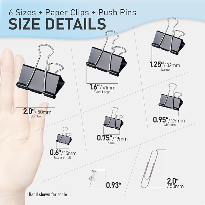 WORPSON 408 PCS Binder Clips Paper Clamps Assorted Sizes and Push Pins, Binding Paperwork Clamp Bulk, School Teachers Office Supplies (Black)
