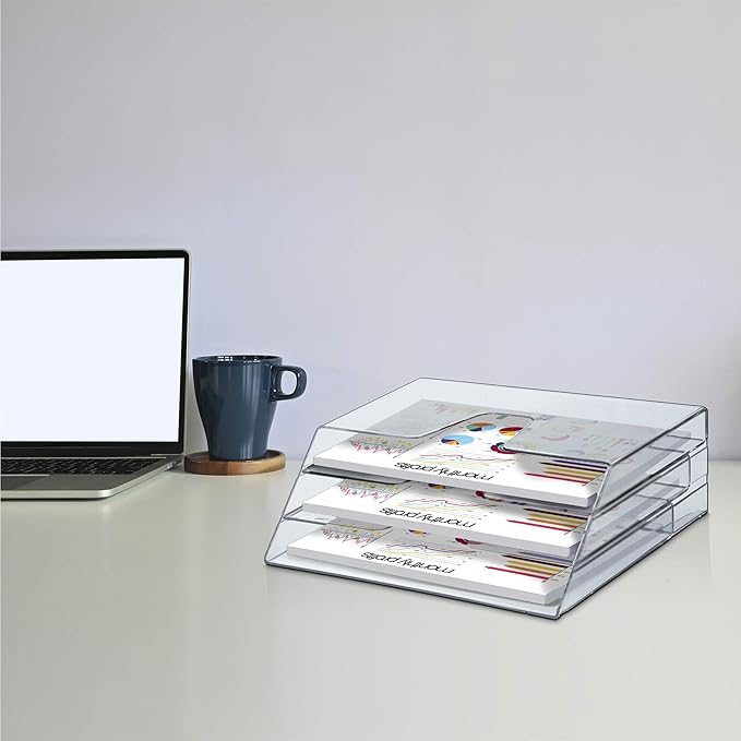 Acrimet Horizontal Triple File Folder Holder, Open Top Desktop Document Sorter for Letter Size Papers & Folders, Plastic (Clear Crystal)