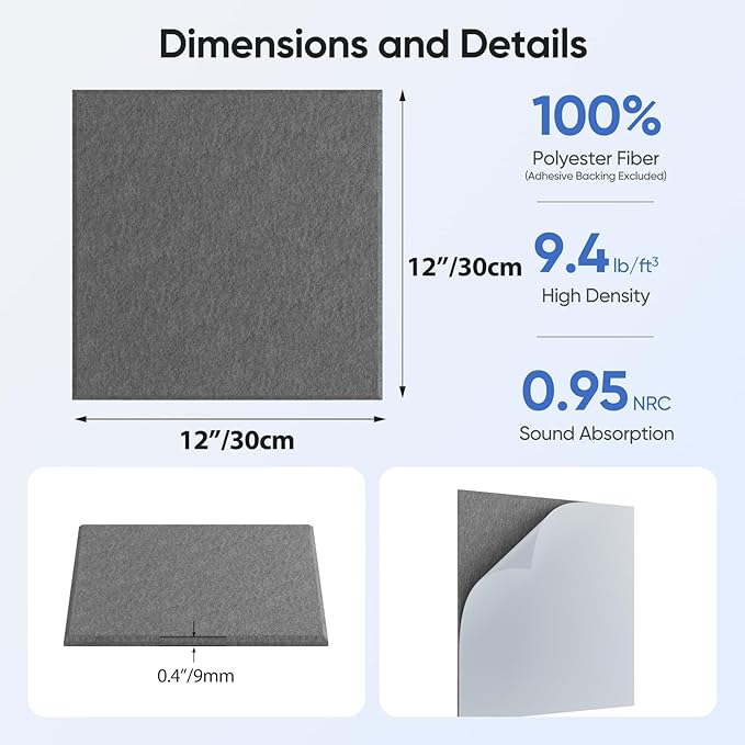 UNECHO 12 Pack 12" X 12" X 0.4" Acoustic Panels for Wall Sound Absorbing, Square Self-Adhesive Sound Panels, High Density Suitable for Multiple Scenarios(MoonLight Gray)