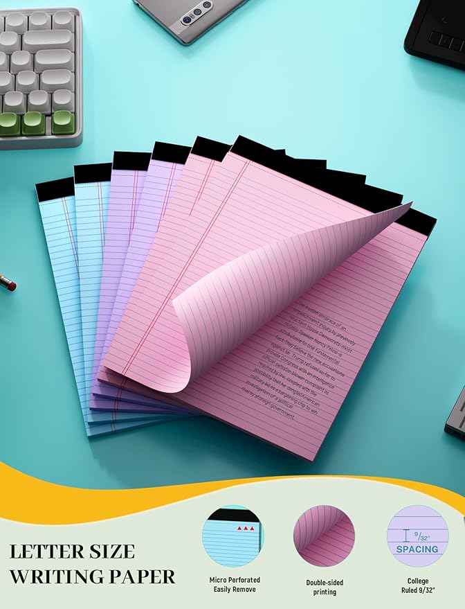 12 Pack Legal Pads 8.5 x 11 College Ruled, Lined Paper Pads 8.5 x 11, Colored Legal Pads, 30 Sheets Per Writing Pads, Perforated Note Pads with Sturdy Backing, Notepads for School, Office, Home