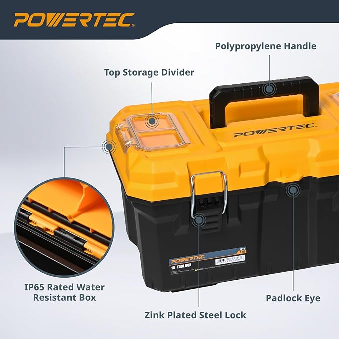 POWERTEC 16-Inch Tool Box with Trays - Lockable, Metal Latch, Organizer, Portable Storage for Tools, Small or Mid-Sized Parts (72119)