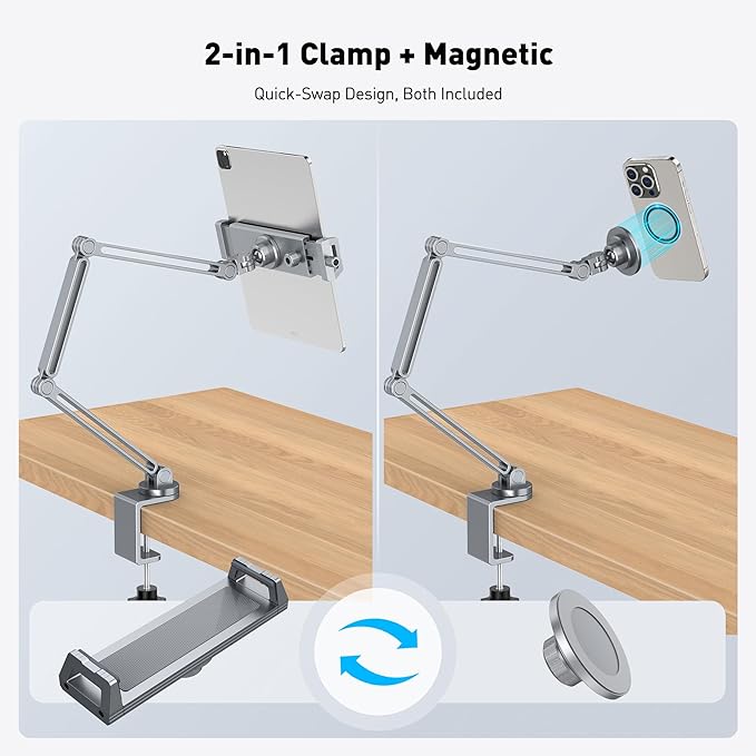AboveTEK 2-in-1 iPad Stand for Desk, Aluminum iPad Holder Arm with Clamp & Magnetic Ring Head, 360° Adjustable Tablet Stand Holder, Bed Clamp Mount for 4.7"-13" iPads Air/Pro/Mini, Galaxy Tab & Phones