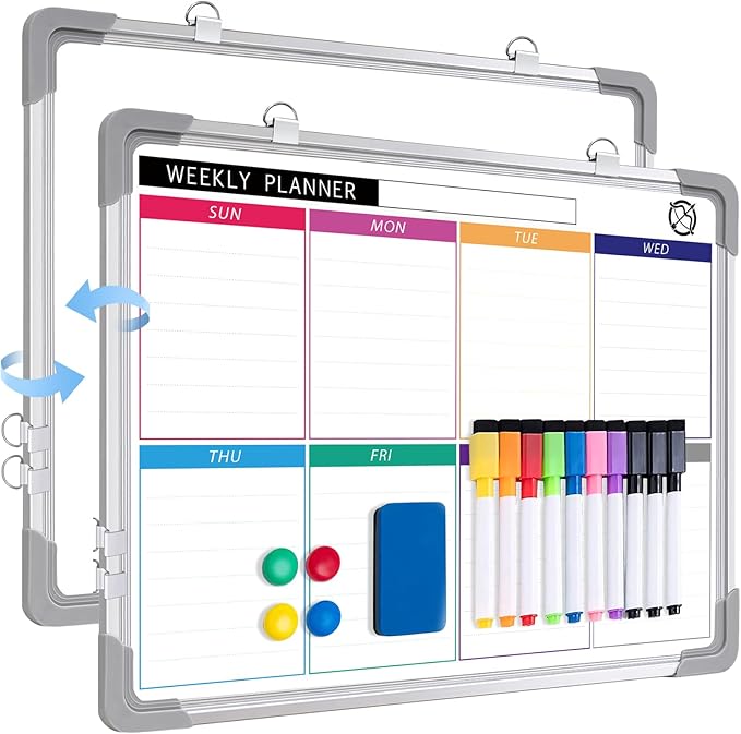 ARCOBIS Weekly Dry Erase Board for Wall, 12" x 16" Magnetic Calendar Whiteboard, Small Hanging Double-Sided White Board for Planning, Memo, to Do List, Drawing, School, Home, Office