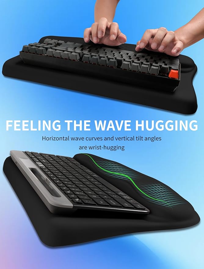 KUOSGM Ergonomic Wave Wrist Rest with Keyboard Stand, Cushioned Palm Rest, Comfortable Integrated Memory Foam for Natural Typing and Relieve Wrist Pain, Dark Night Black