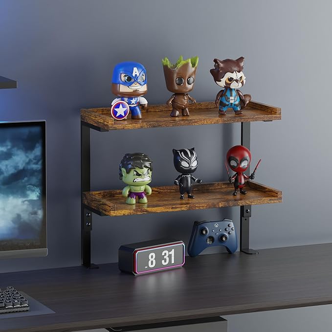 ART-GIFTREE Clamp On Desk Shelf 2-Tier, 16.5 in Wood Shelving Unit for Office Desk/Gaming Accessories, Tabletop Book Storage Rack, Shelf for Top of Desk, Brown