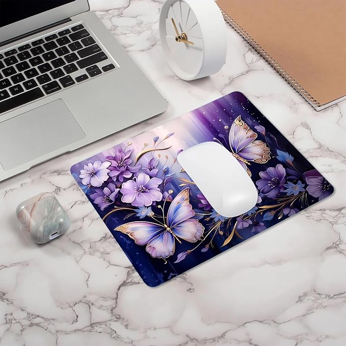 IMAYONDIA Small Mouse Pad Cute, Purple Gold Butterfly Mouse Pads, Modern Flowers Mousepad for Women Girls, Beutiful Mouse Mat Computer Laptop Office, 9.5 X 7.9 Inch