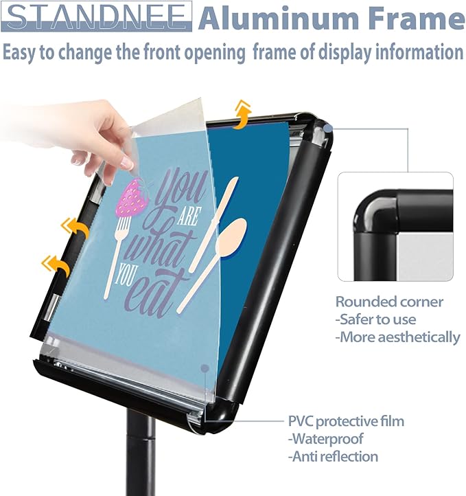 STANDNEE Heavy-duty Poster Stand Holder 11"x 17" Pedestal Floor Standing Sign Holder Vertical and Horizontal View Sign Display, Aluminum Snap Open Frame with Safety Corner, Black