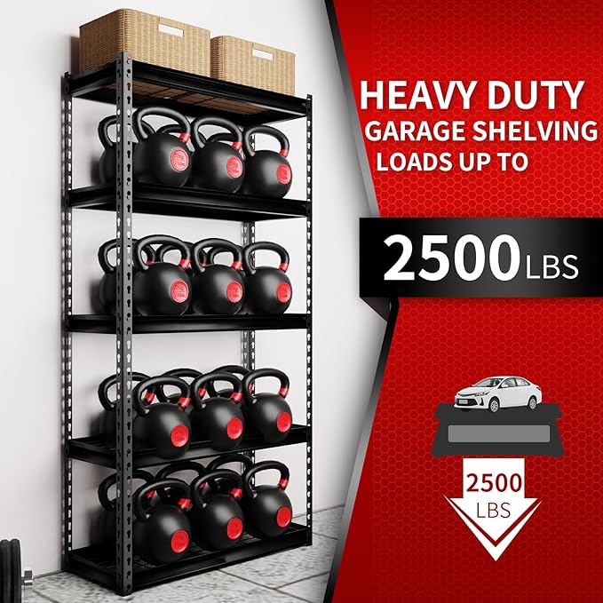 Shuntong The Atlas 30" W x 12" D x 60" H Adjustable Garage Storage Shelves Load 2500 lbs, 5 Tier Heavy Duty Shelving Unit, Metal Utility Storage Rack for Warehouse Pantry Basement Kitchen, Dark Grey