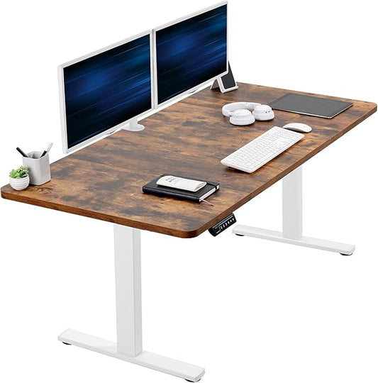 VIVO Electric 60 x 30 in Rustic Standing Desk, Memory Height Adjustment, 1B Series, Holds 220 lbs, Vintage Brown Top White Frame, DESK-KIT-1W6N-30