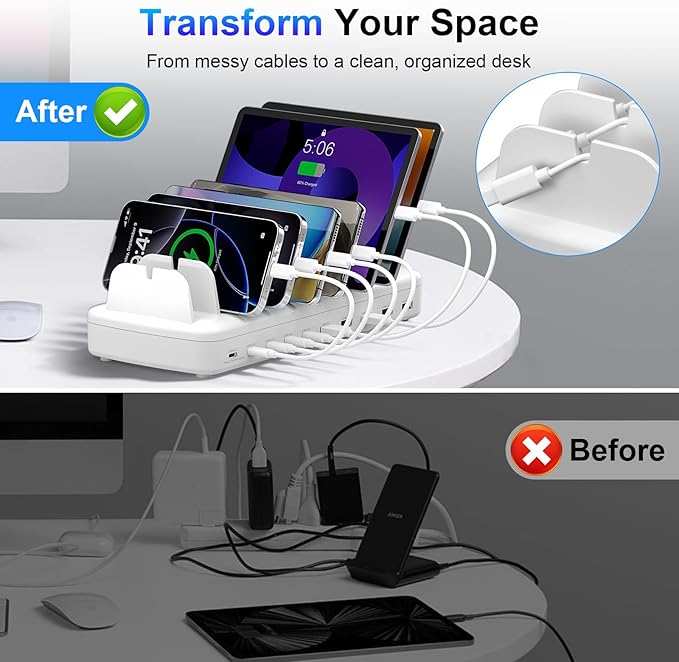 510W Fast Charging Station for Multiple Devices, 10 Port USB C Charger Station with Flame-Retardant Material & 8 Cables for iPhone, Android, iPad, Tablets, Family Office Desk Charging Dock Organizer