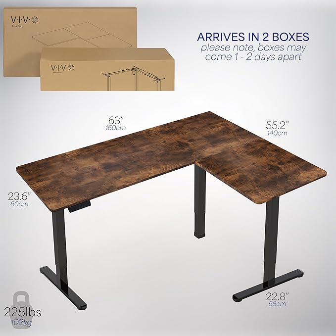 VIVO Electric Corner 63 x 55 inch L-Shaped Standing Desk, Memory Height Adjustment, Rustic Vintage Brown Top Black Frame, DESK-E3CTN