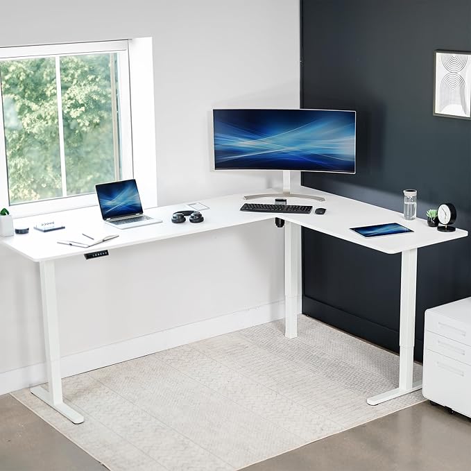 VIVO Electric Corner 84 x 63 inch L-Shaped Standing Desk, Memory Height Adjustment, White Top White Frame, DESK-E3CTWW-84