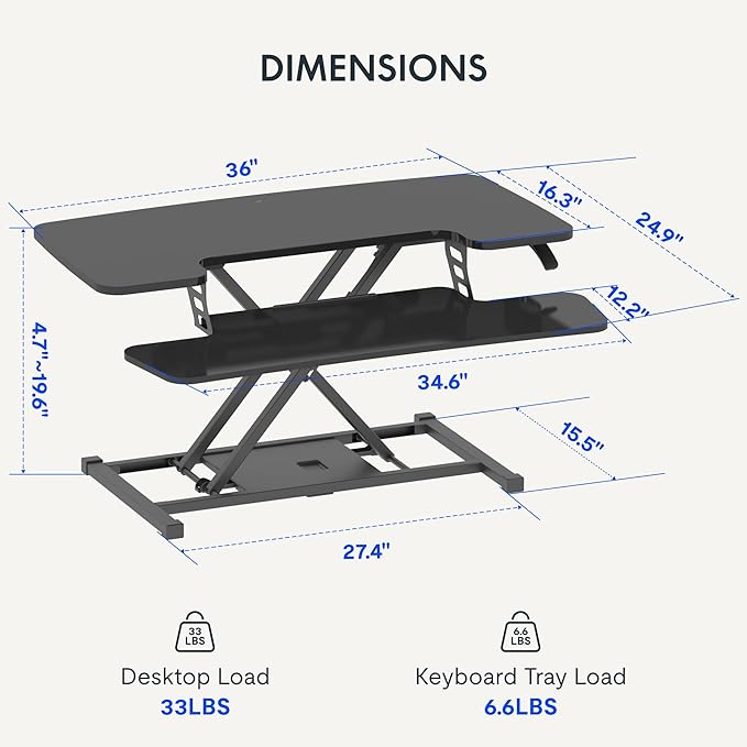 FLEXISPOT 36-inch Standing Desk Converter Height Adjustable Sit to Stand Up Workstation, Dual Monitor and Laptop Riser with Wide Keyboard Tray, Black