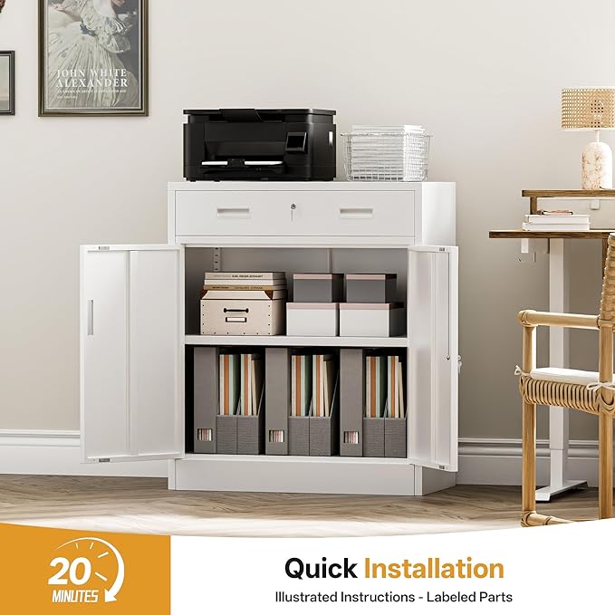 TaskStorz Metal Garage Storage Cabinets，36" Steel File Cabinet with 2 Adjustable Shelves, Lockable Storage Cabinets for Office, Home, Garage, Warehouse 36" H x 32" W x 16" D (White)