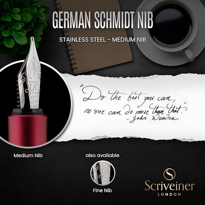 Scriveiner Luxury EDC Fountain Pen (Medium), Matt Red Pocket EDC with Chrome Finish, Schmidt German Nib, Converter, Best Writing Gift Set for Men & Women, Fancy Pen for the Office & Journaling