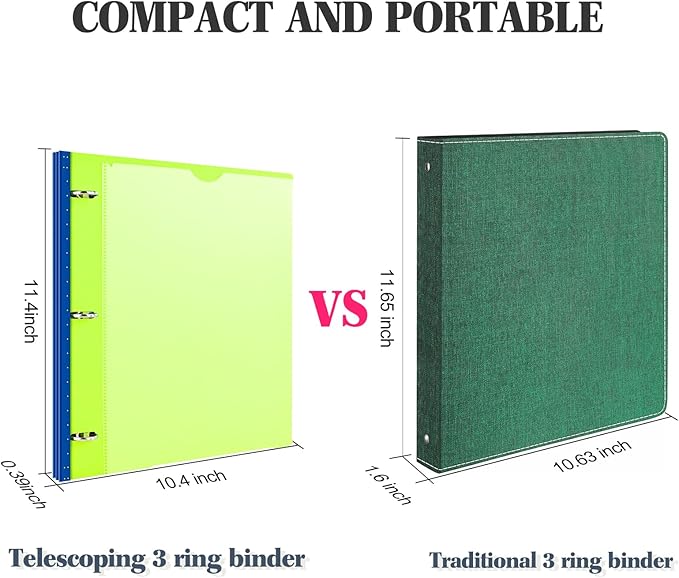 INFUN Telescoping 3 Ring Binder - 4PCS, Flexible Round Binder with Customizable Front Cover and Clear Catalog Pocket, Holds 8.5x11 inch Paper- Green, Red, Orange, Blue