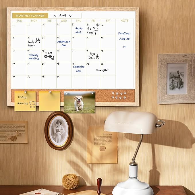 ARCOBIS Calendar Whiteboard with Cork Board, 24"x18" Wood Frame Dry Erase Calendar for Wall, Magnetic Monthly Combination Board for Home, Office, School, Kitchen, Beige