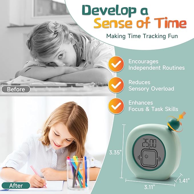 VEWINGL Productivity Timer & Clock with Alarm, Adjustable Desktop Timer for Autism, ADHD, Time Management, Ideal for Work, Study, Tasks, and Kitchen (Green)