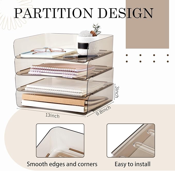 Harloon 4 Tier Acrylic Paper Tray 13 x 9.8 x 3 Inches Stackable Letter Clear Organizer No Need to Assemble Acrylic Paper Organizer File Tray for Office Workspace Desktop Storage (Transparent Gray)