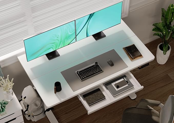 Claiks Standing Desk with Drawers, 48x24 Inch Electric Stand Up Desk, White Adjustable Height Sit Stand Computer Workstation, White