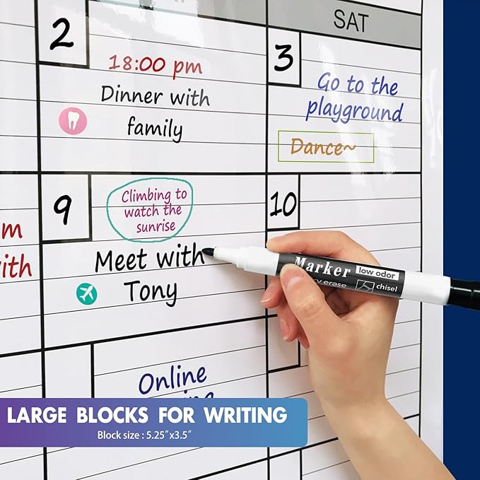 Magnetic-Receptive Dry Erase Two Month Laminated Jumbo Wall Calendar, 38" x 50",Big Whiteboard Calendar with Iron Sheet Backing-Works with Magnetic Markers Eraser, Giant Blank Poster with Square