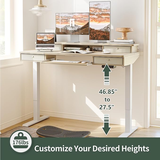 FEZIBO 55'' x 24" Height Adjustable Electric Standing Desk with 4 Drawers and Keyboard Tray, Home Office Table for Work, Study, Gaming, Writing, Light Walnut