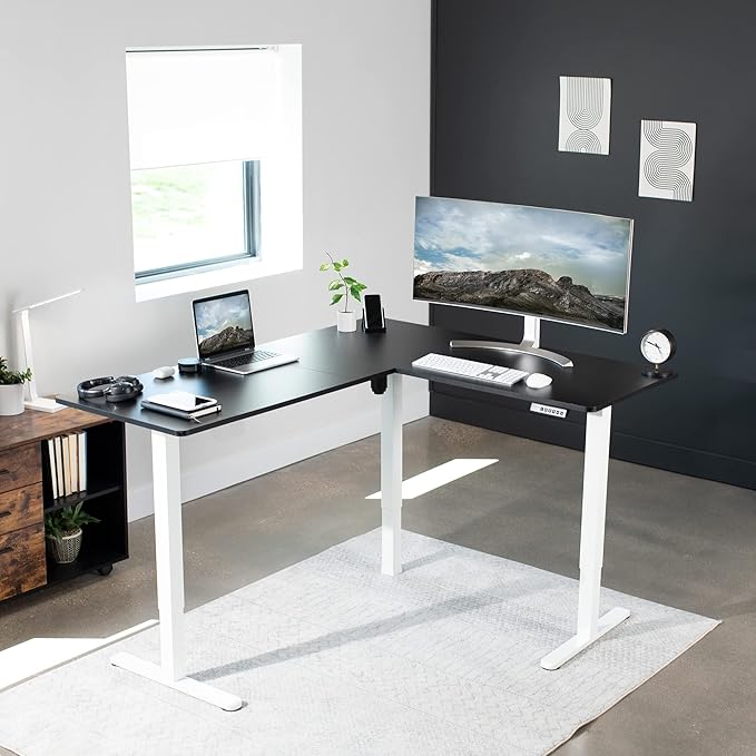 VIVO Electric Corner 63 x 55 inch L-Shaped Standing Desk, Memory Height Adjustment, Black Top White Frame, DESK-E3CTWB
