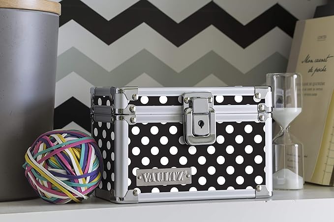 Vaultz Locking Index Card File Box with Flip Top, Holds 350 3x5 Cards, Black & White Polka Dot (VZ03715)