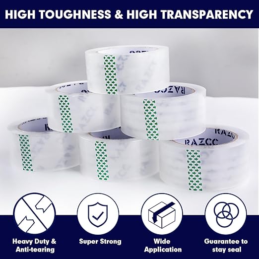 RAZCC Packing Tape, 18 Rolls Clear Heavy Duty Packaging Tape with Dispensers for Packing, Shipping, Moving and Mailing, Thicker Sealing Tape-1.88" x 65 Yards Per Roll, 1170 Total Yards