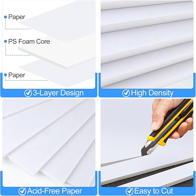 ToLanbbt 12 Pack White Foam Board, 18 x 24 x 3/16" Thick Foam Core Acid Free Poster Foamboard for Art Craft Projects, Painting, Displaying, Signage, Wedding, School