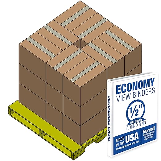 Samsill Economy 0.5 Inch 3 Ring Binder Bulk Pallet, Made in The USA, Round Ring Binder, Customizable Clear View Cover, White, Pallet of 768 Binders in 32 Cartons